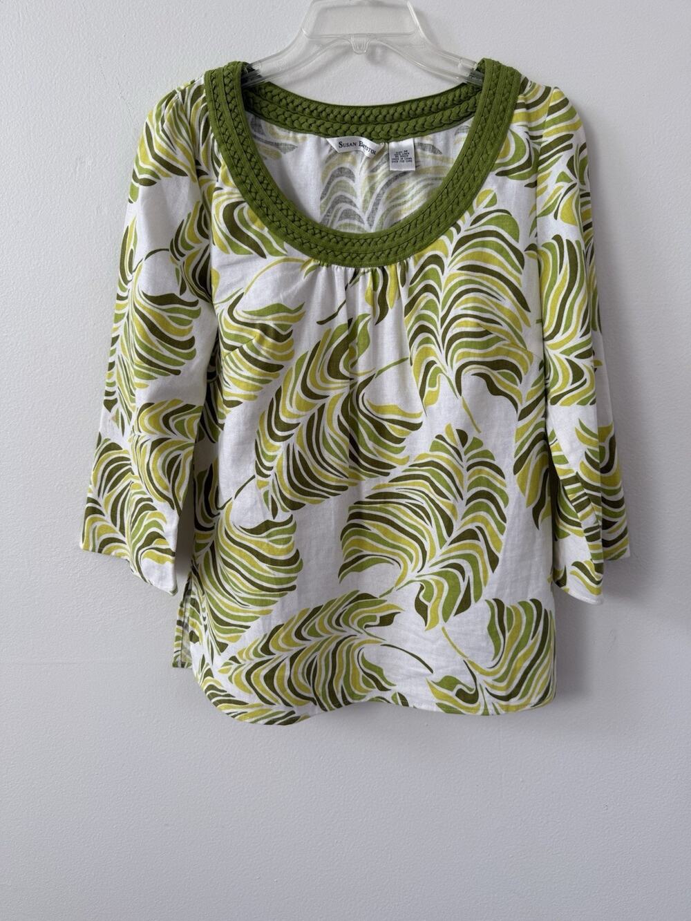 Susan Bristol Women’s 100% Linen Leaf Print Tunic Green 3/4 Sleeves Blouse Sz M
